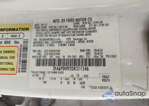 2013 Ford Fusion Se из США, поврежденный, VIN 3FA6P0H92DR311546